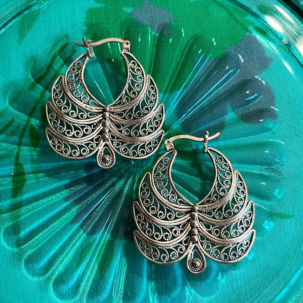 Vintage DGS Turkish Sterling Silver 925 Filigree Ornate Pierced Earrings